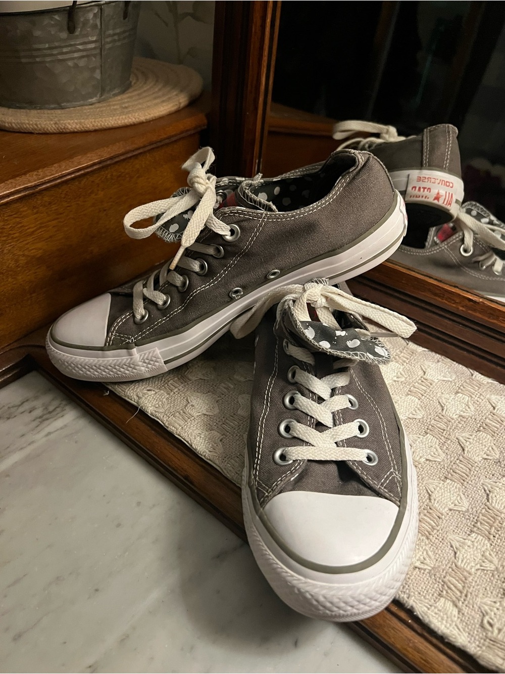 CONVERSE All Star Classic Double Tongue Polka Dot Sneakers Grey White Red Size 8